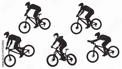 Silhouettes of mountain bikers riding bicycles in various positions on a white background image scene | editable eps vectors