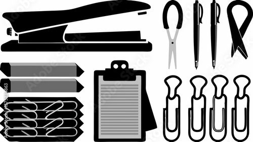 Illustration of various office supplies including stapler pens paperclips and a clipboard arranged neatly | editable eps vectors silhouette