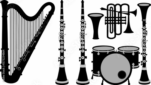 Illustration featuring a harp two clarinets a trumpet and a drum set arranged in a musical display | editable eps vectors silhouette