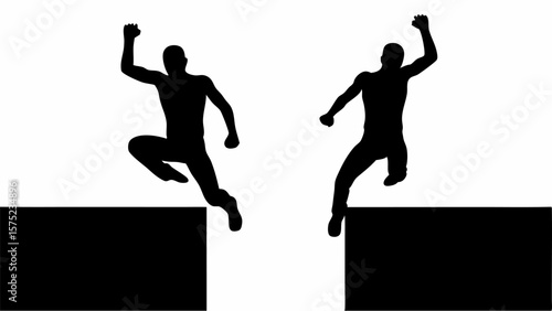 Silhouetted figures leaping over black blocks in a dynamic display of athleticism and movement art | editable eps vectors