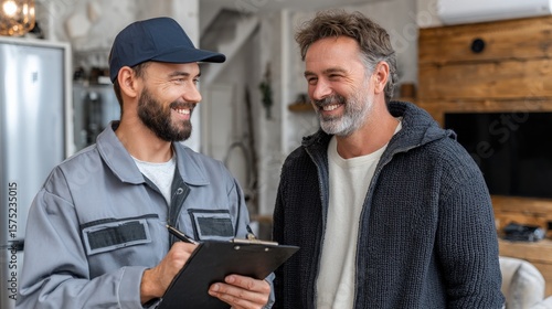 Technician showing contract on clipboard to man inside cozy home before TV setup, both smiling.