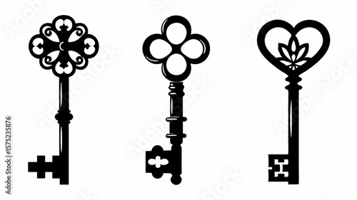 Three antique keys with different designs on a white background in black silhouette style image | editable eps vectors
