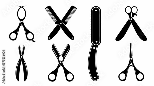 Illustration of various black and white hairdressing tools including scissors combs and a straight razor design | editable eps vectors silhouette