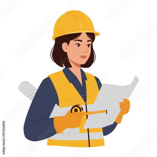 A confident female construction worker in a yellow hard hat and safety vest reviews blueprints with a measuring tape against a clean white background.