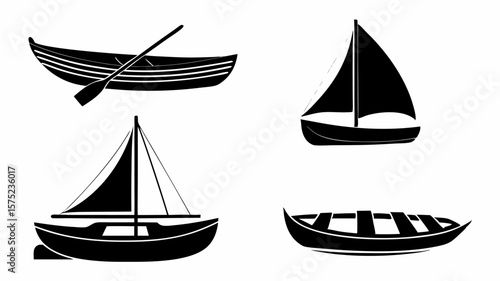Illustration of various boats including sailboats and rowboats in black silhouette on a white background | editable eps vectors