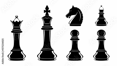 Illustration of a complete set of chess pieces including the king queen knight bishop and pawns in black | editable eps vectors silhouette
