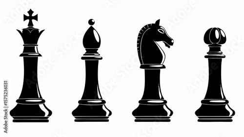 Illustration of four chess pieces including a king bishop knight and pawn in black and white style | editable eps vectors silhouette