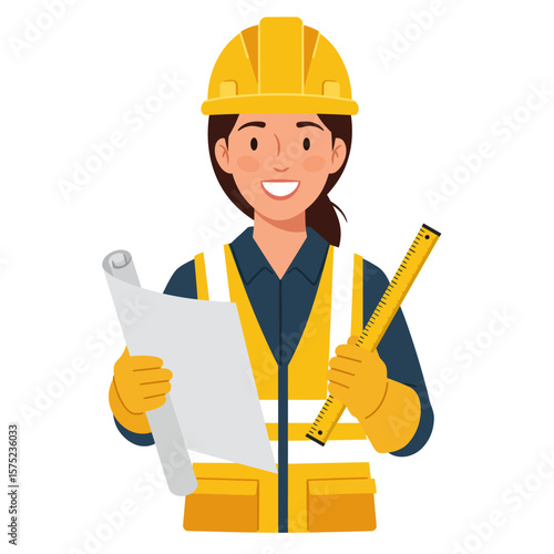Smiling female engineer confidently holds blueprints and a ruler, ready for construction.