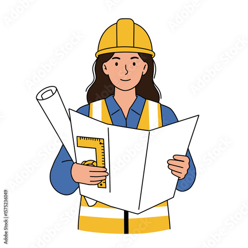 A female engineer with dark hair, wearing a yellow hard hat and safety vest, is holding a blueprint and a ruler, carefully reviewing plans for the construction project.