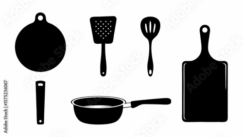 Illustration of kitchen utensils including a cutting board, spatula, pot, and slotted spoon in black and white | editable eps vectors silhouette