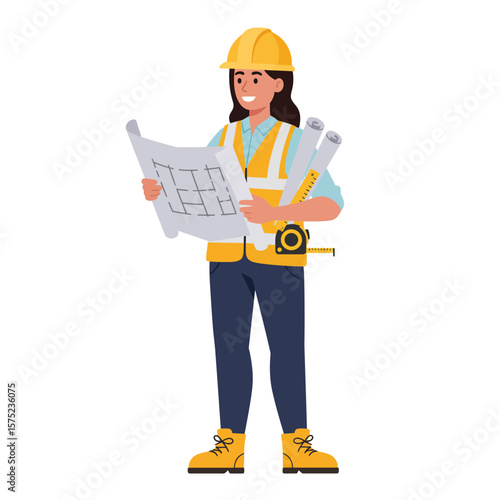 A smiling female architect in a yellow hard hat and safety vest examines blueprints, holding rolled plans and a measuring tape, ready to oversee construction.
