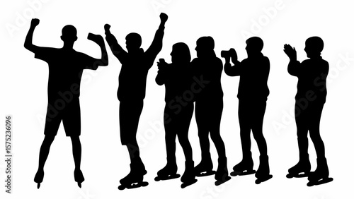 Silhouette of people ice skating and cheering with arms raised and clapping on a white background scene | editable eps vectors