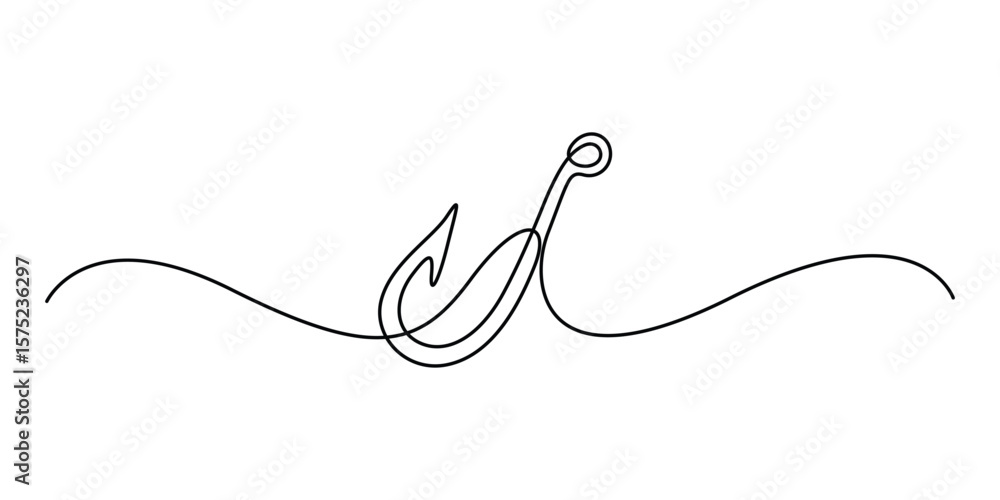 Obraz premium Fishing hook in one continuous drawing illustration. Single line hook vector background. Hook fisherman's equipment icon. Doodle vector illustration