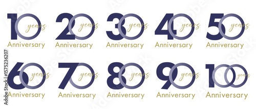 anniversaryシンプルなgold/金のアニバーサリーロゴセット(10周年 20周年 30周年 40周年 50周年 60周年 70周年 80周年 90周年 100周年 お祝い 周年記念 イベント 設立記念 anniversary celebration logo ベクター 編集可能)