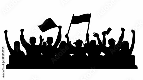 Silhouette of a crowd of people raising their hands and flags in a show of support or protest action | editable eps vectors