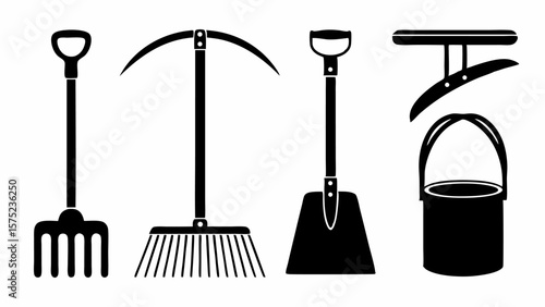 Illustration of gardening tools including a rake, broom, shovel, and bucket in black silhouette | editable eps vectors
