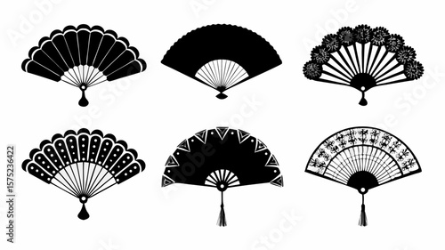 Illustrative collection of six decorative fans in black and white with intricate designs and patterns | editable eps vectors silhouette