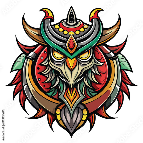Ornate owl head design with vibrant colors and intricate details