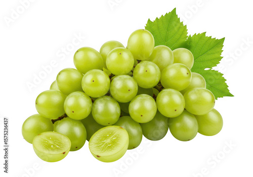 Fresh green grapes with leaves isolated on transparent background