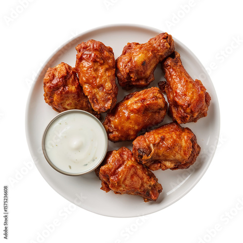Delicious buffalo chicken wings served on a white plate with creamy dipping sauce against a transparent background