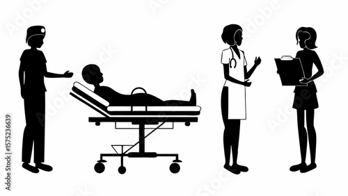 Silhouette illustration depicting medical staff attending to a patient on a hospital gurney bed | editable eps vectors