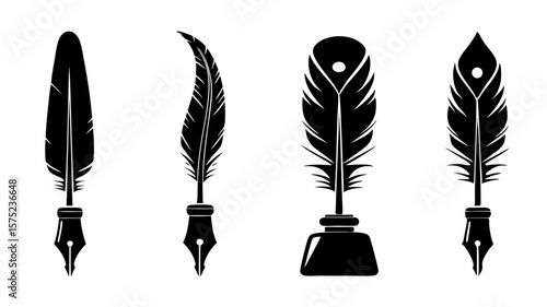 Illustration showing four black quill pens with different feather styles and inkwells on a white background | editable eps vectors silhouette