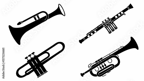 Illustration showing four different black musical instruments including trumpets and clarinet | editable eps vectors silhouette