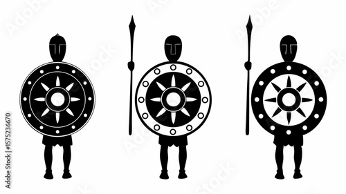 Three black silhouettes of ancient warriors with shields and spears in a simple vector illustration | editable eps vectors