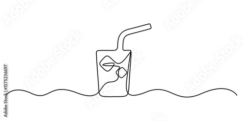 Continuous one line drawing of fresh juice on the glass. Doodle vector illustration