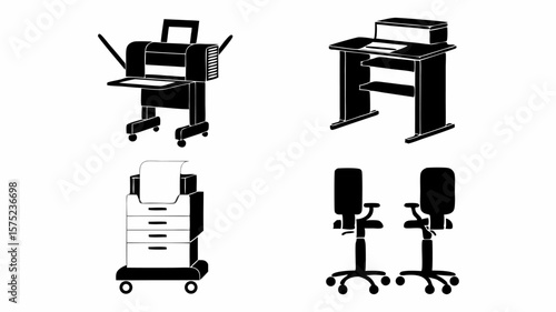 Black and white illustration of office equipment including printer desk filing cabinet and chairs | editable eps vectors silhouette