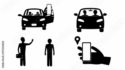Illustrations depicting ride sharing with people in cars and using a phone application to locate ride | editable eps vectors silhouette