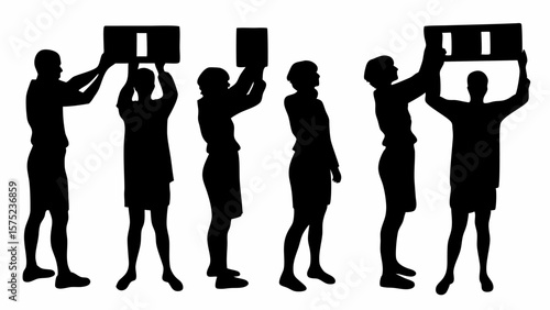 Silhouettes of people holding signs above their heads in a row against a white background image view | editable eps vectors