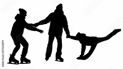 Silhouette of people ice skating with one person falling being assisted by two other skaters on ice | editable eps vectors