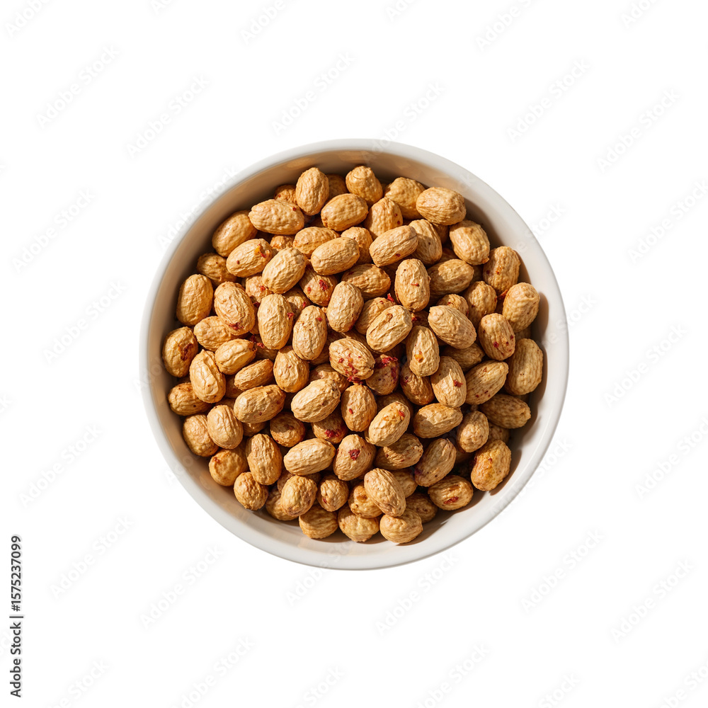A top-down shot displays a white bowl filled with seasoned peanuts, perfect for food blogs and snack advertisements, transparent background A top-down shot displays a white bowl filled with seasoned peanuts, perfect for food blogs and snack advertisements, transparent background