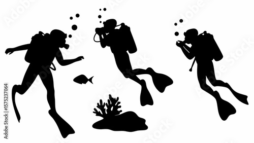 Silhouettes of scuba divers exploring underwater world with coral and fish in black and white style | editable eps vectors