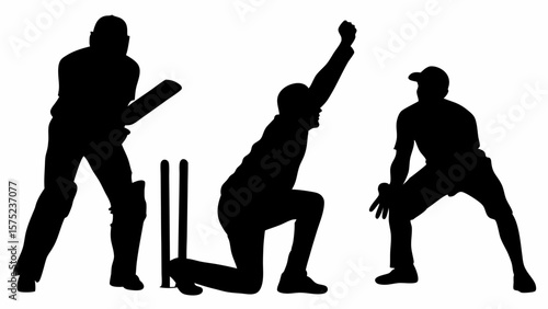 Silhouettes of cricket players in action batting bowling and fielding on a white background scene style | editable eps vectors