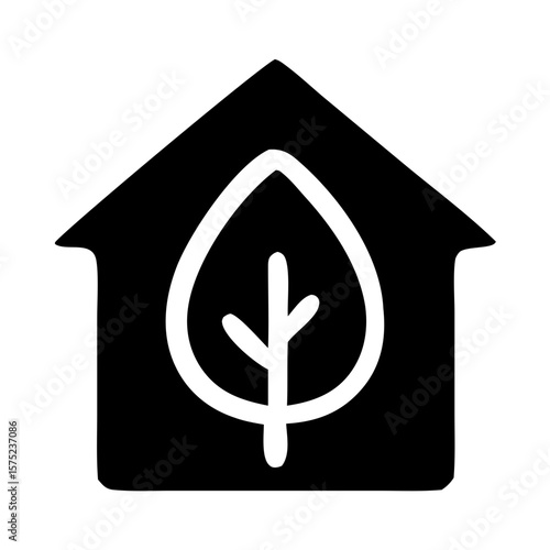 Minimalist Outline House with Leaf Inside Representing Eco Friendly Home Icon
