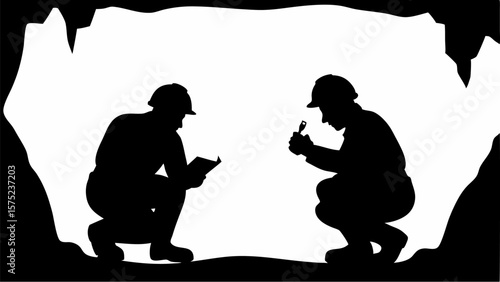 Two silhouetted figures in a cave one with a book and the other with a light source examining something | editable eps vectors