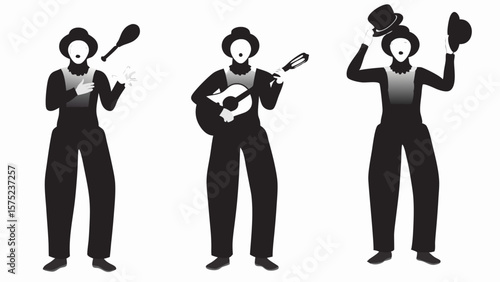 Three mime artists performing different acts in black and white illustration style scene art | editable eps vectors silhouette
