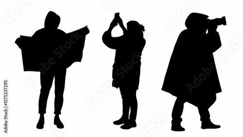Silhouettes of three people: one reading a map, one taking a photo, and one using a camera lens | editable eps vectors