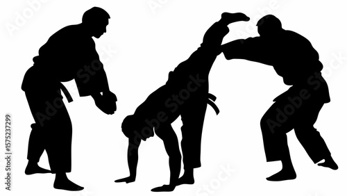 Silhouette depiction of three martial artists practicing moves and stances with focus and precision | editable eps vectors
