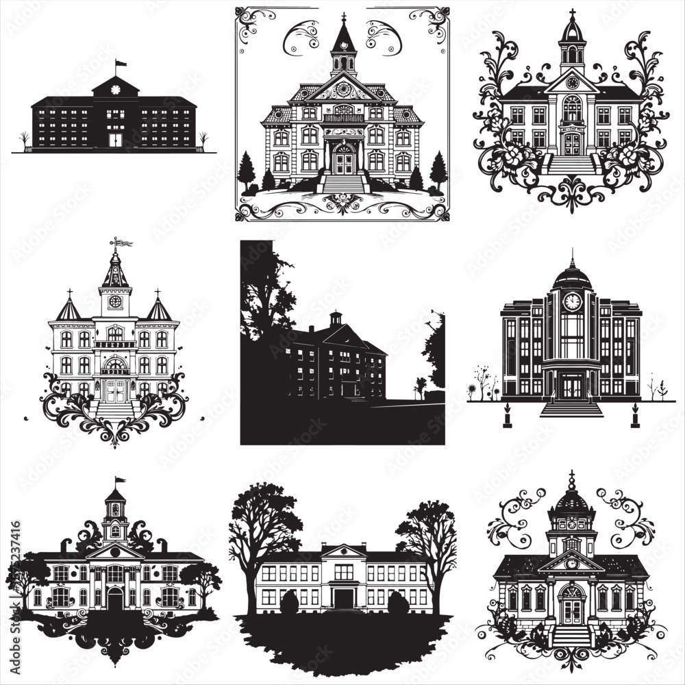 Fototapeta premium set of school building vector illustrations bundle pack collection