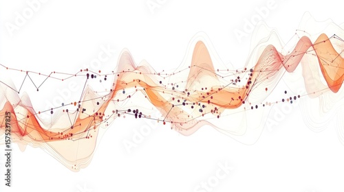 Abstract flowing data visualization with orange and red waves, dots, and lines on white background.