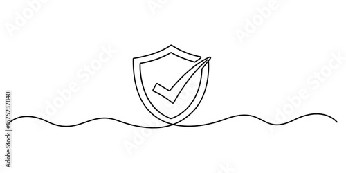 Security shield with check mark in one continuous line drawing. Shield drawn in single line art style. Safety and protection concept vector illustration