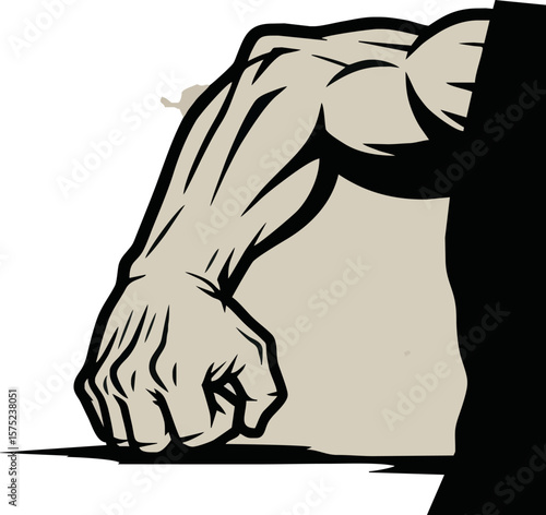 Powerful clenched fist, muscular arm, forceful gesture, graphic design.