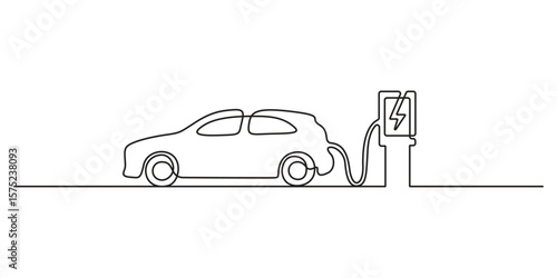 Continuous single line drawing of modern electric car is charging. Electric car concept single one line drawing graphic illustration