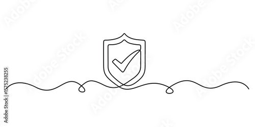 Shield check mark continuous one line drawing. Security and protection symbol. Security shield with check mark in one continuous line drawing vector illustration 