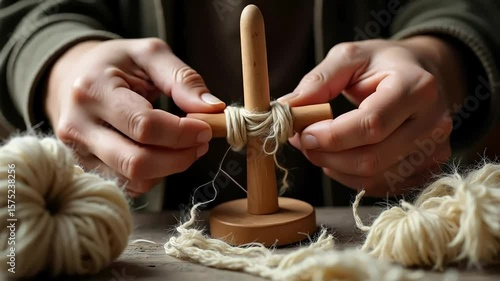 Creating yarn art, looping white yarn around a wooden stand, a simple DIY craft project for handmade items.