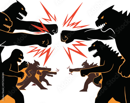 Stylized illustration of monster-like figures clashing in a dynamic battle.
