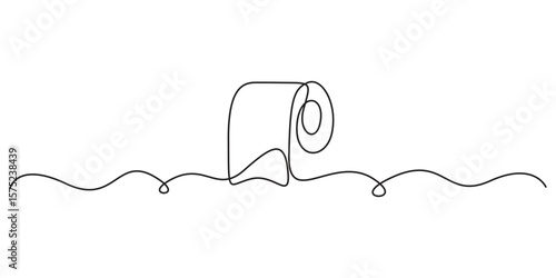 Toilet paper in one continuous line drawing style, Continuous single line art of paper roll. One line drawing of a roll of printer paper, a roll of tissue. minimalist single line outline vector illust